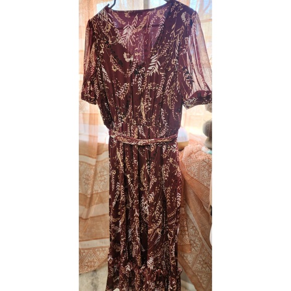 Calvin Klein Burgundy Cream Floral Ruffle Sheer Sleeve Midi V-Neck Dress 12 - Picture 4 of 5